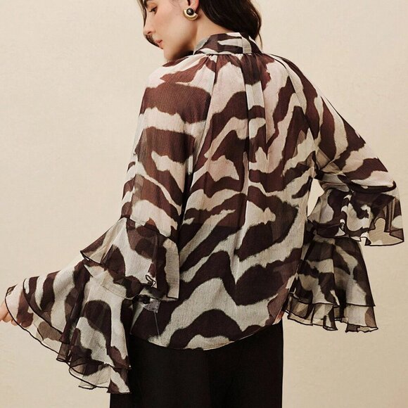 Women's Elegant Raglan Flare Sleeve Round Neck Semi-Sheer zebra print blouse - Picture 2 of 8